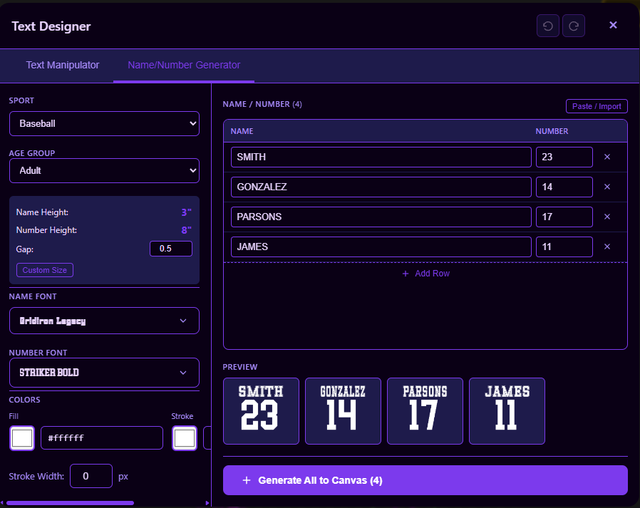 Name and number tool preview